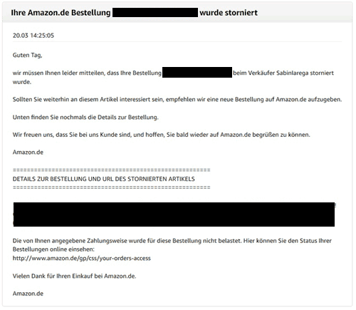 Amazons Stornierungs-E-Mail